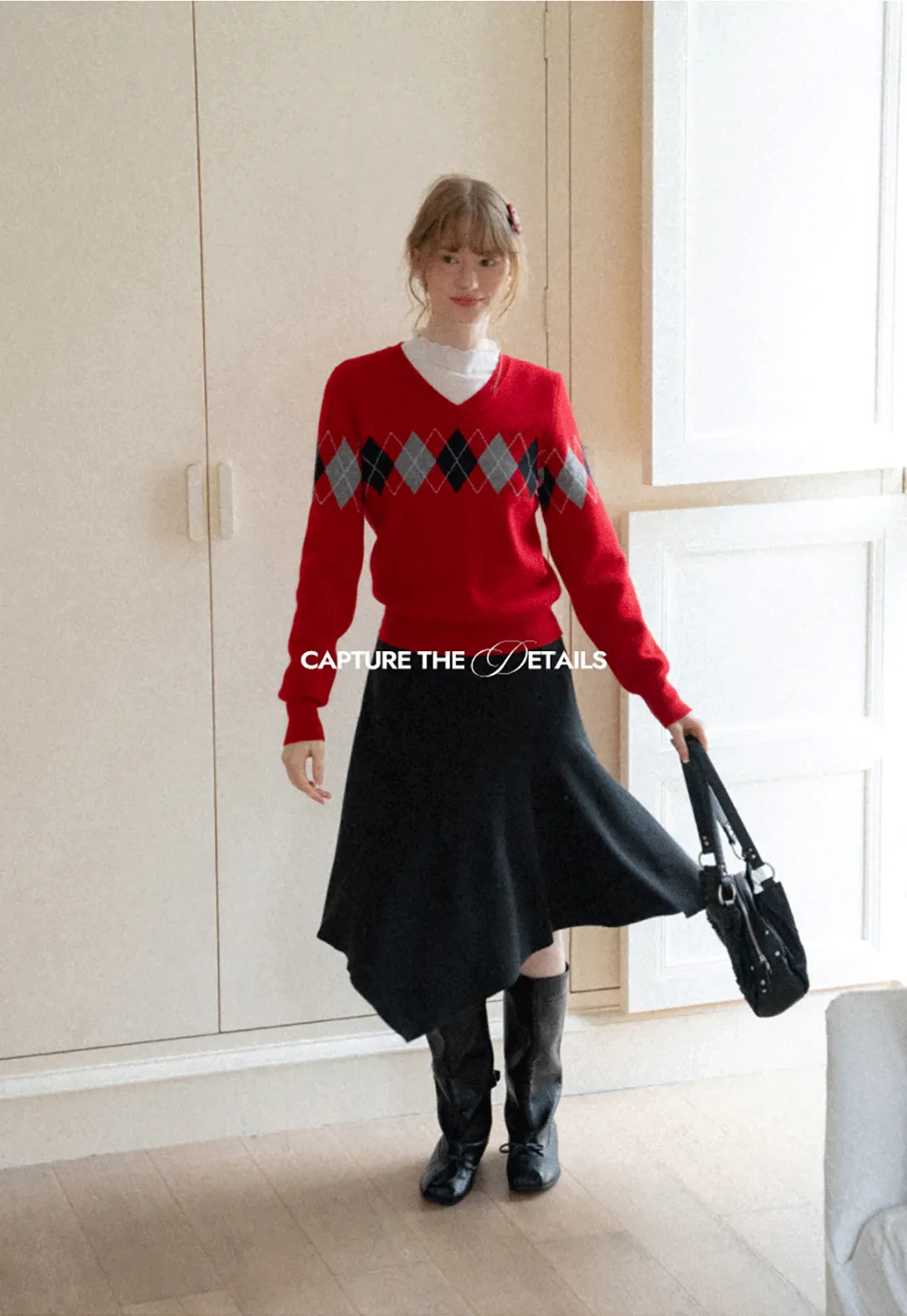 Argyle Pattern V Neck Wool Knit Sweater