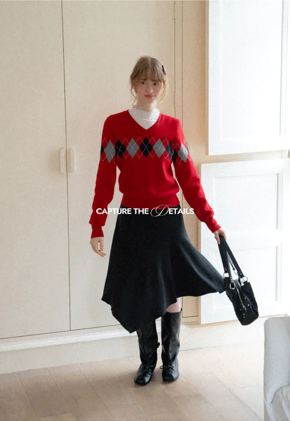 Argyle Pattern V Neck Wool Knit Sweater