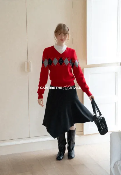 Argyle Pattern V Neck Wool Knit Sweater