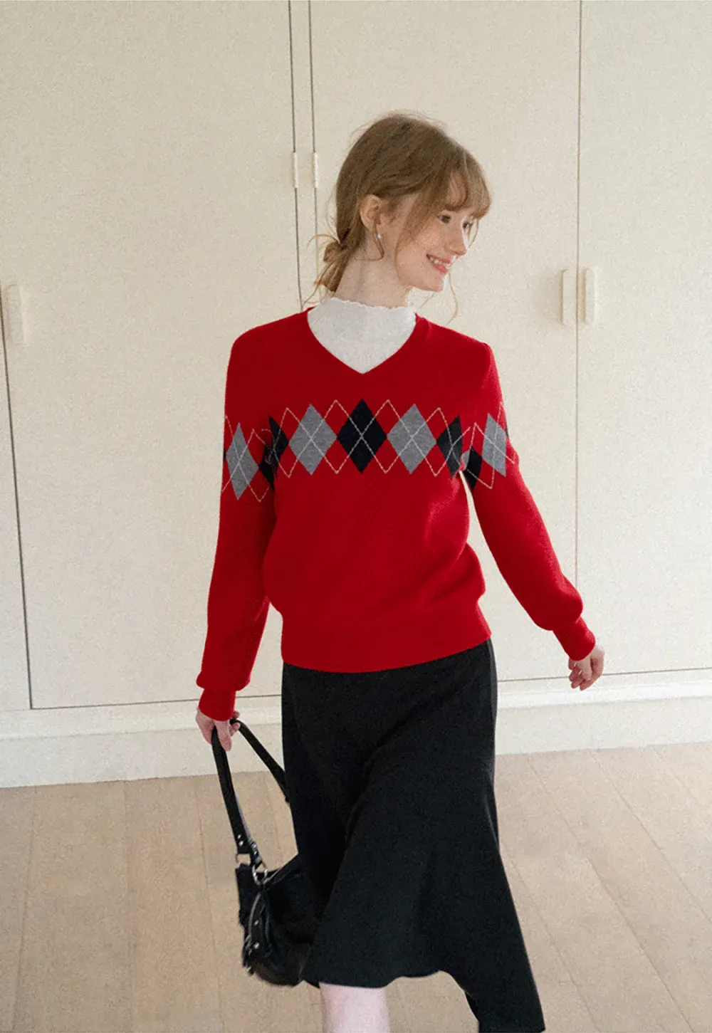 Argyle Pattern V Neck Wool Knit Sweater