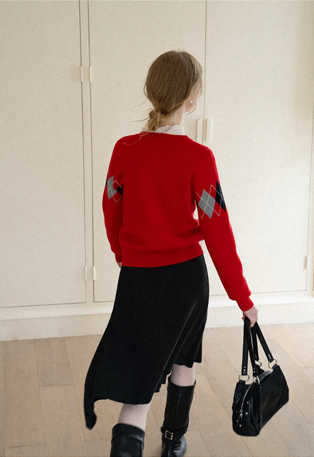 Argyle Pattern V Neck Wool Knit Sweater