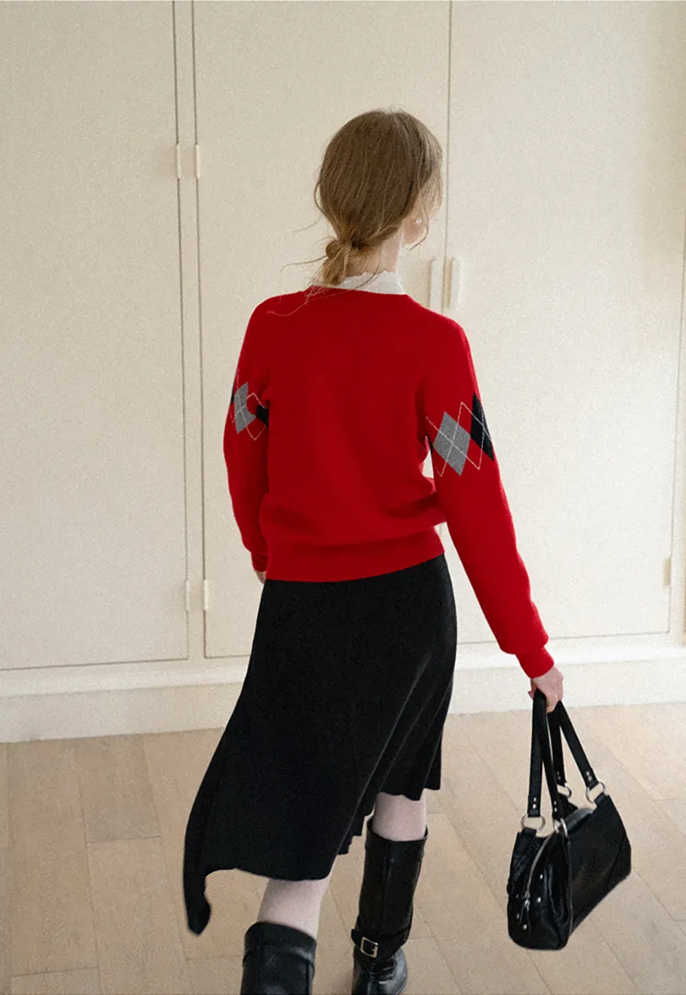 Argyle Pattern V Neck Wool Knit Sweater