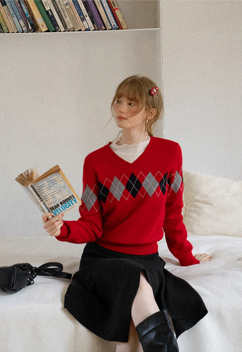 Argyle Pattern V Neck Wool Knit Sweater