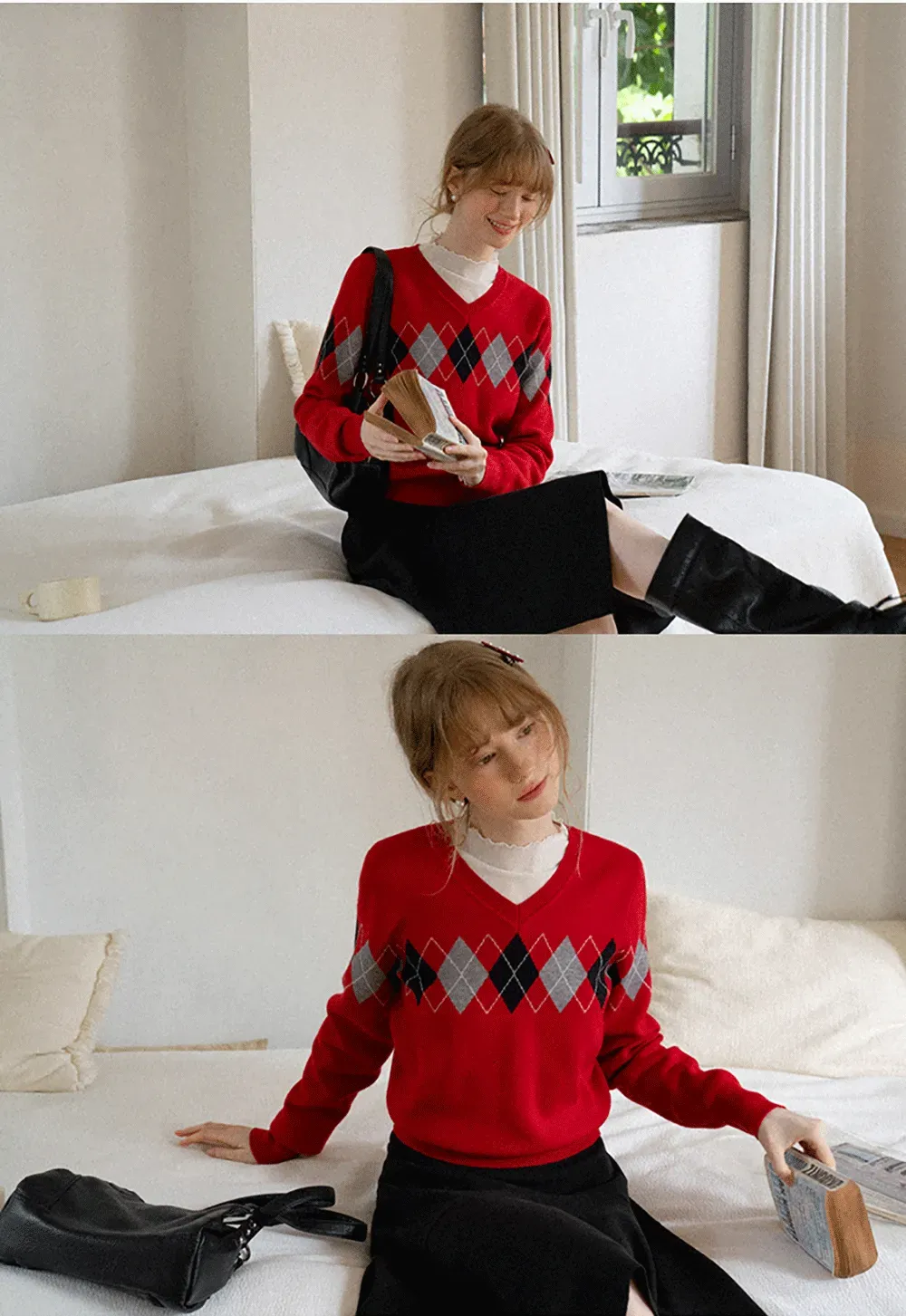 Argyle Pattern V Neck Wool Knit Sweater