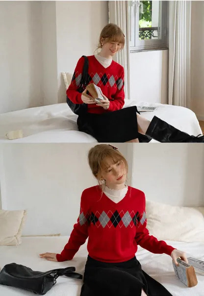 Argyle Pattern V Neck Wool Knit Sweater