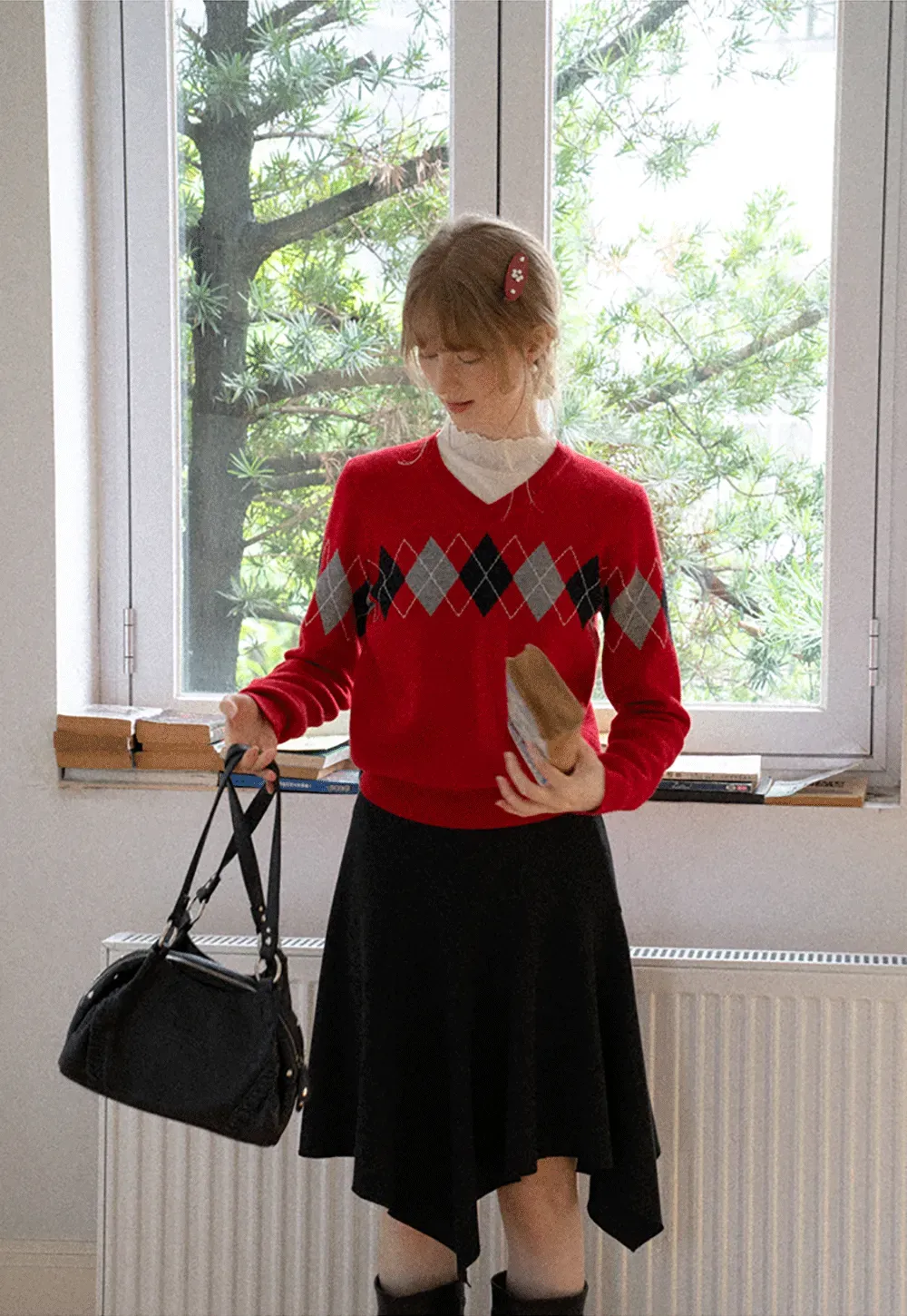 Argyle Pattern V Neck Wool Knit Sweater