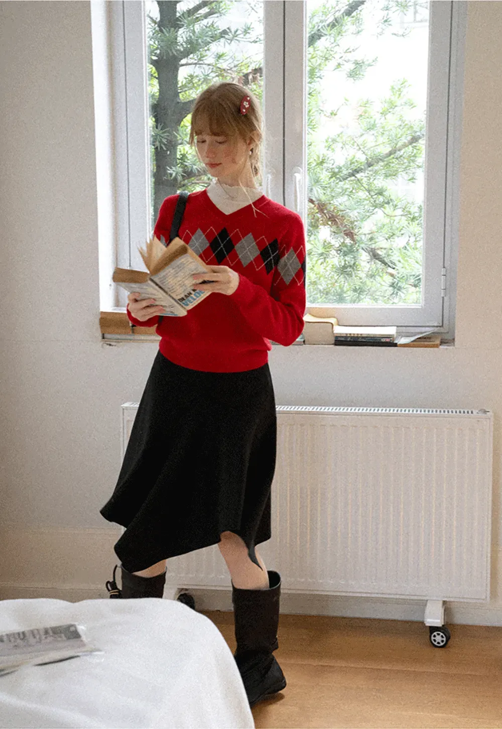 Argyle Pattern V Neck Wool Knit Sweater