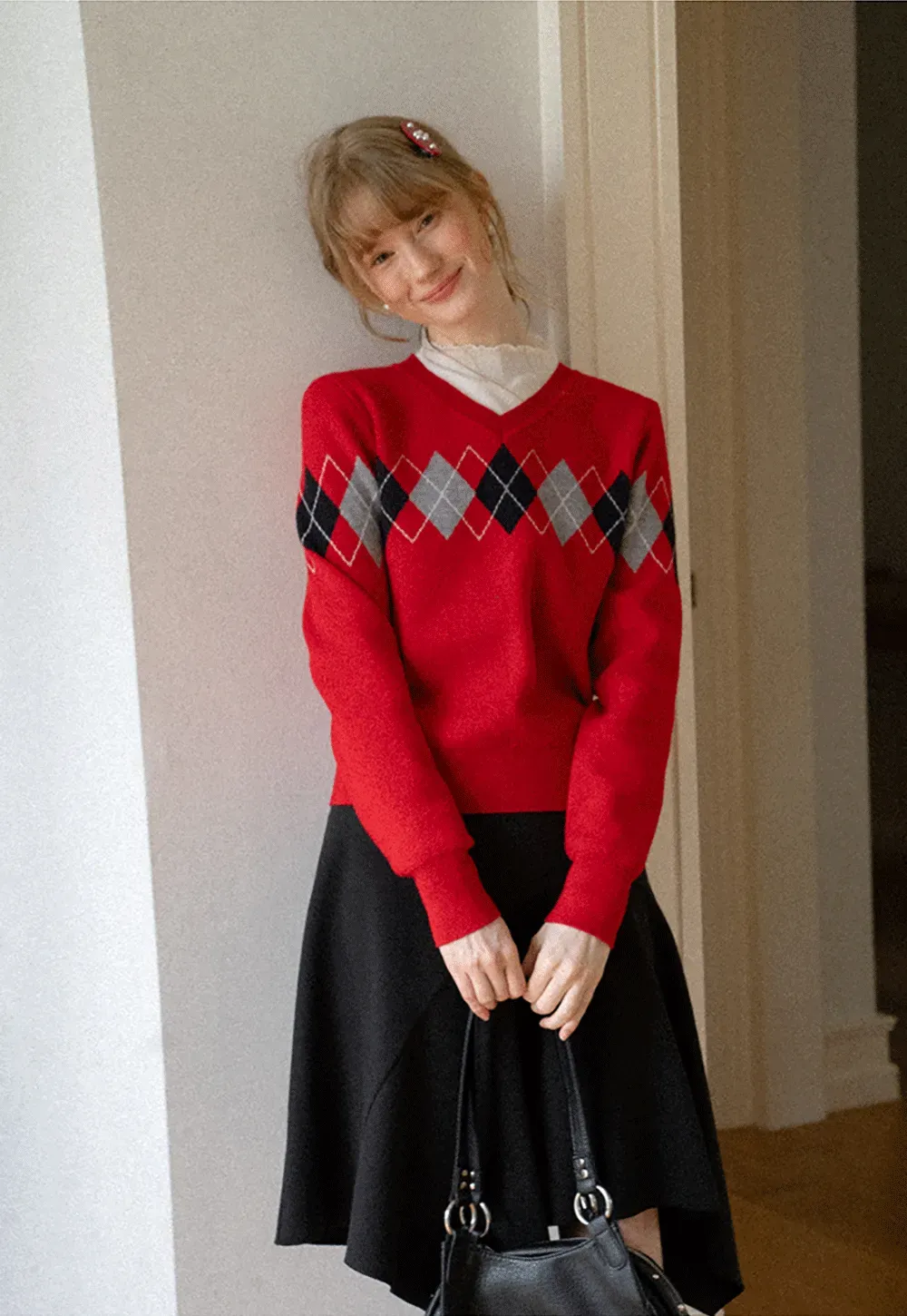 Argyle Pattern V Neck Wool Knit Sweater