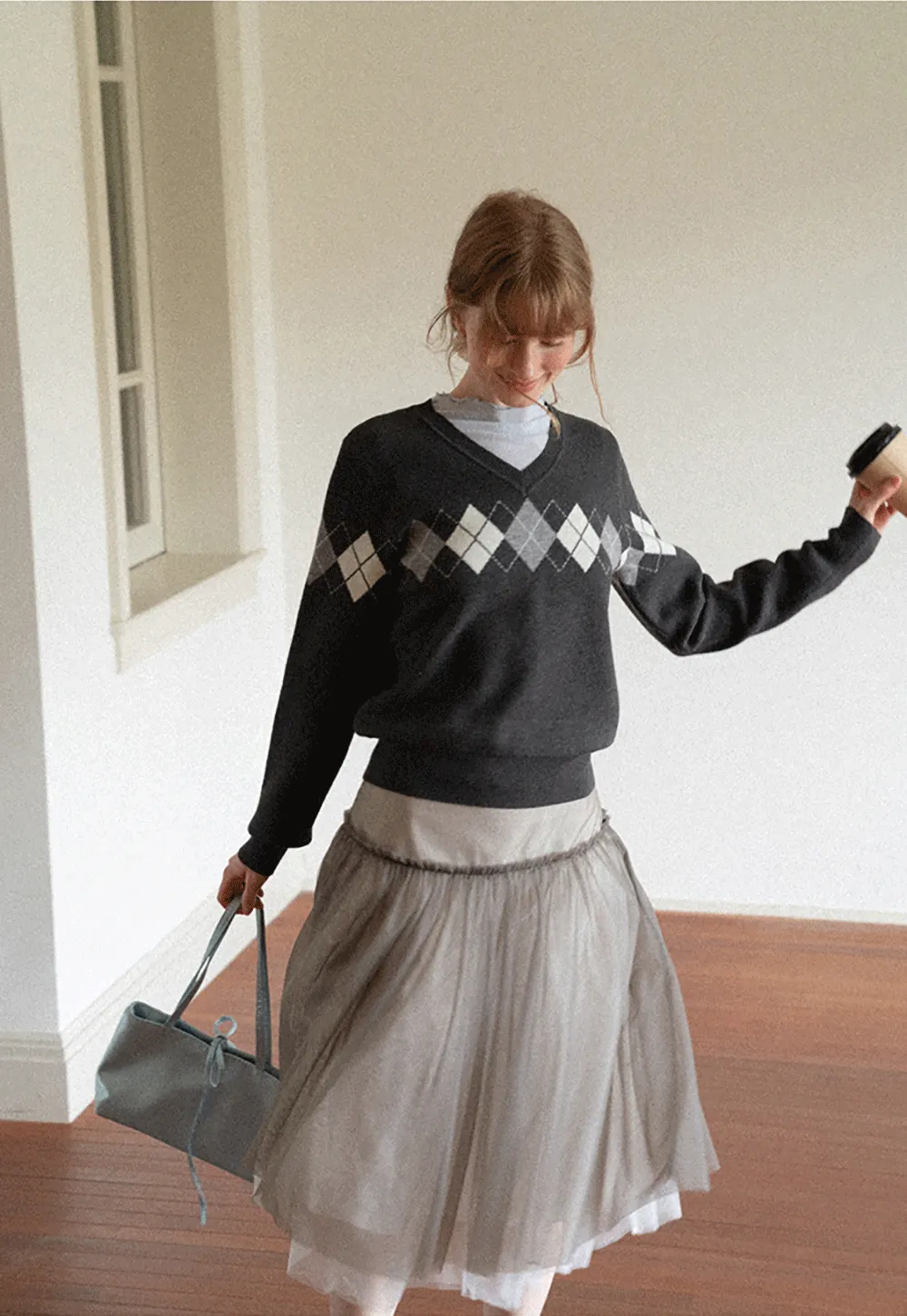 Argyle Pattern V Neck Wool Knit Sweater