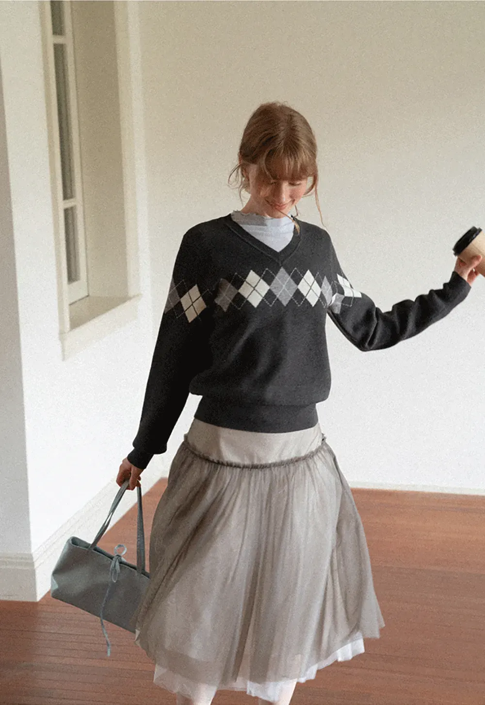 Argyle Pattern V Neck Wool Knit Sweater