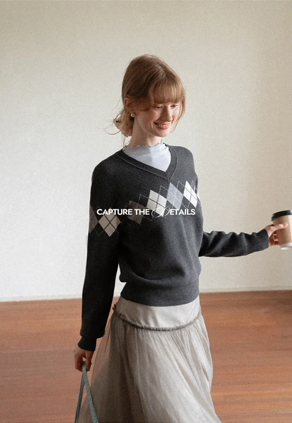 Argyle Pattern V Neck Wool Knit Sweater