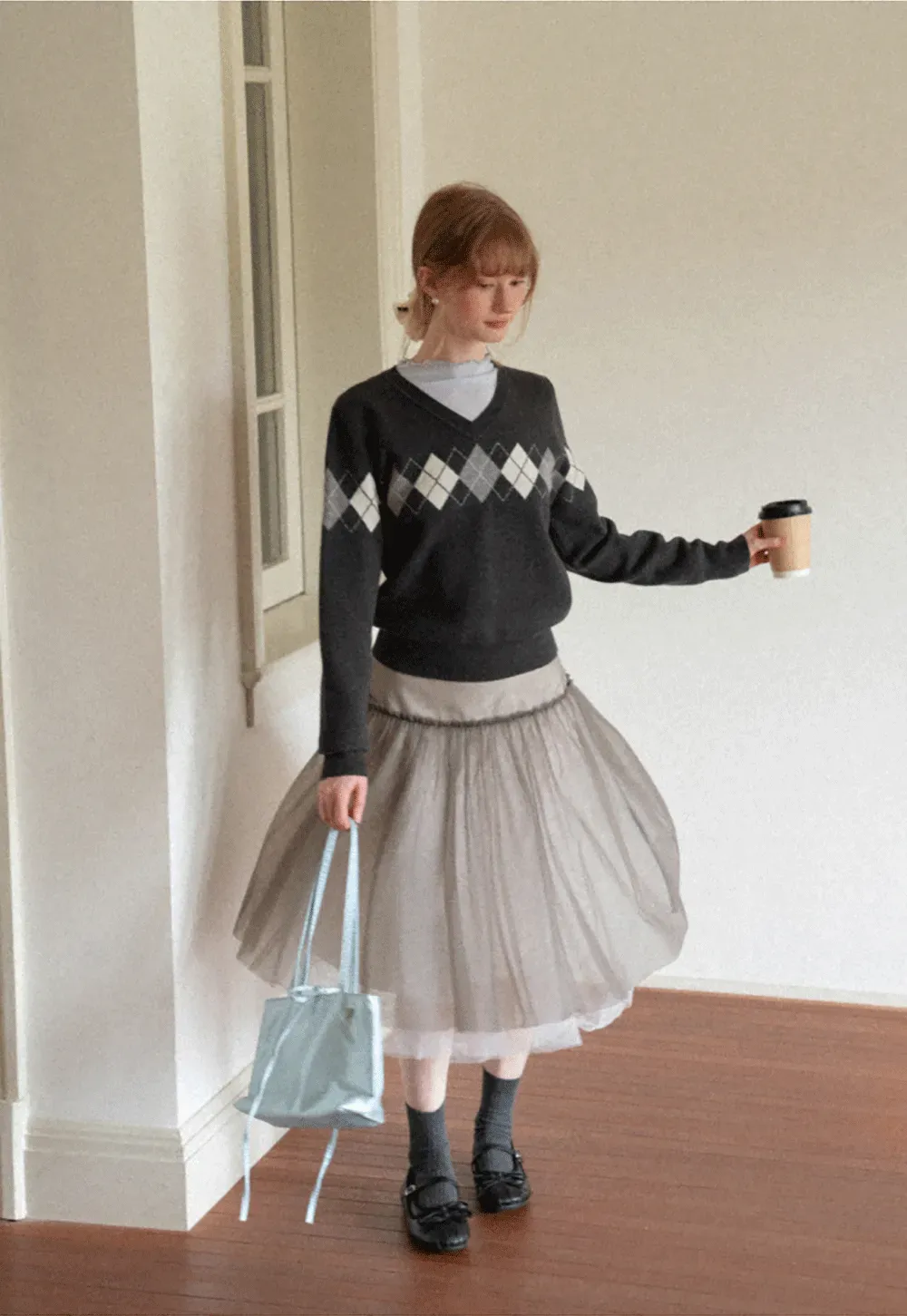 Argyle Pattern V Neck Wool Knit Sweater