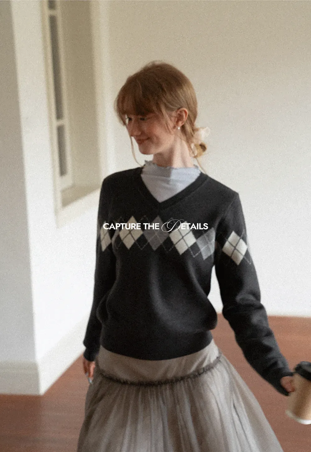 Argyle Pattern V Neck Wool Knit Sweater