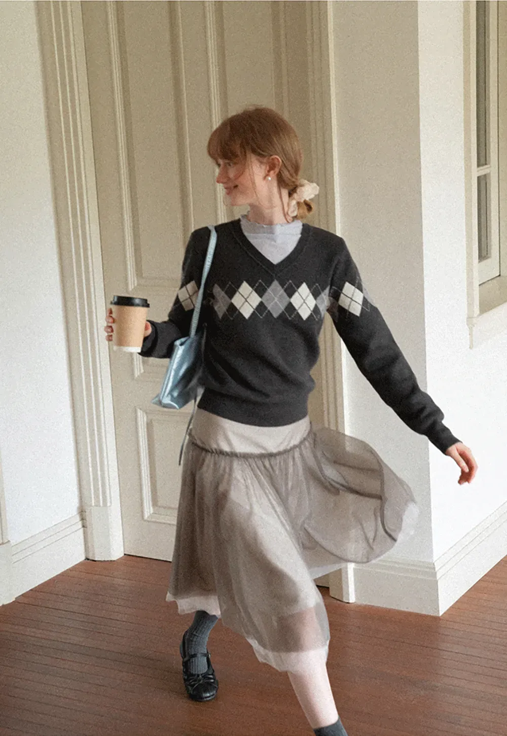 Argyle Pattern V Neck Wool Knit Sweater