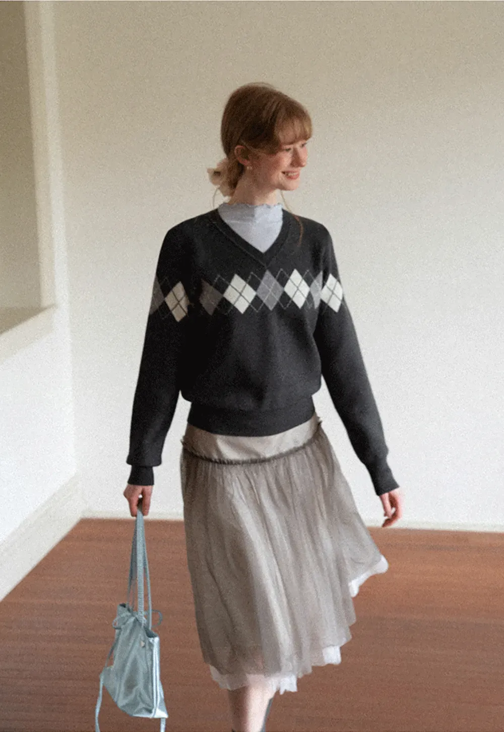 Argyle Pattern V Neck Wool Knit Sweater
