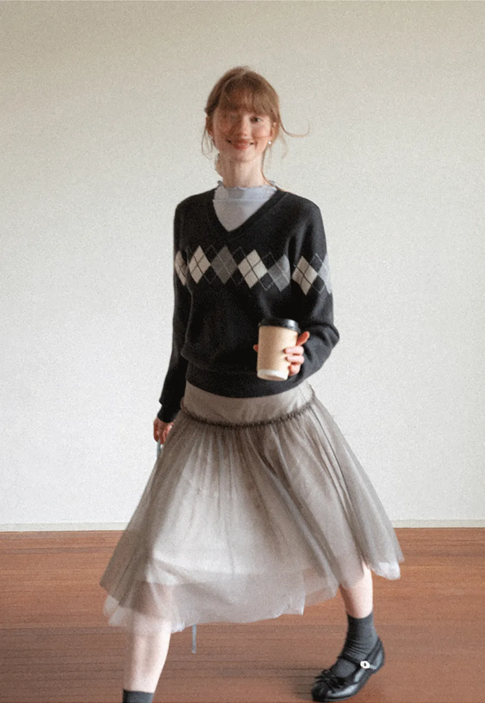 Argyle Pattern V Neck Wool Knit Sweater