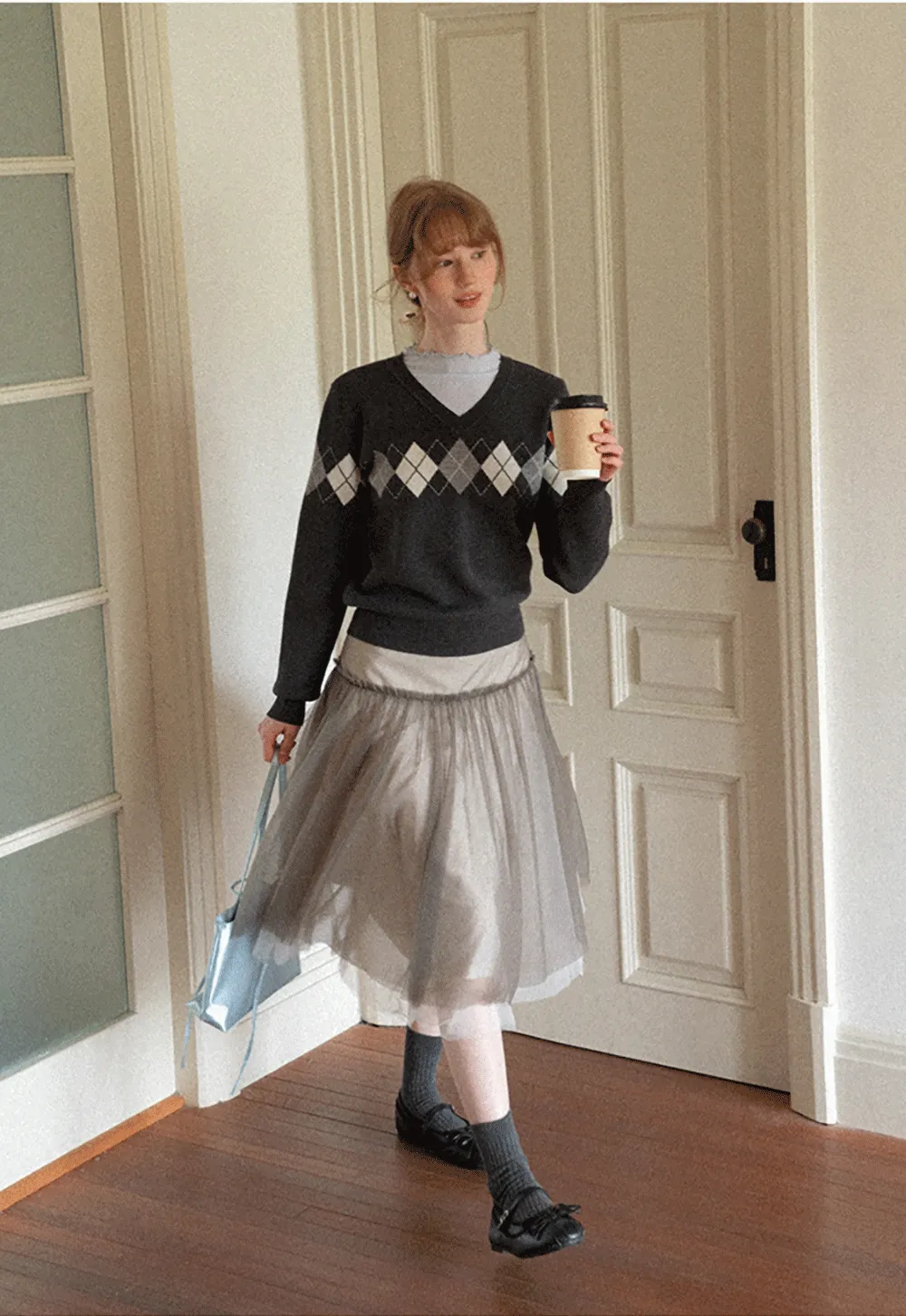 Argyle Pattern V Neck Wool Knit Sweater
