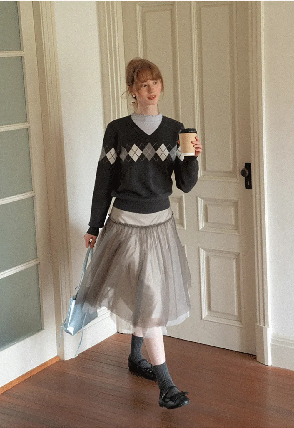 Argyle Pattern V Neck Wool Knit Sweater