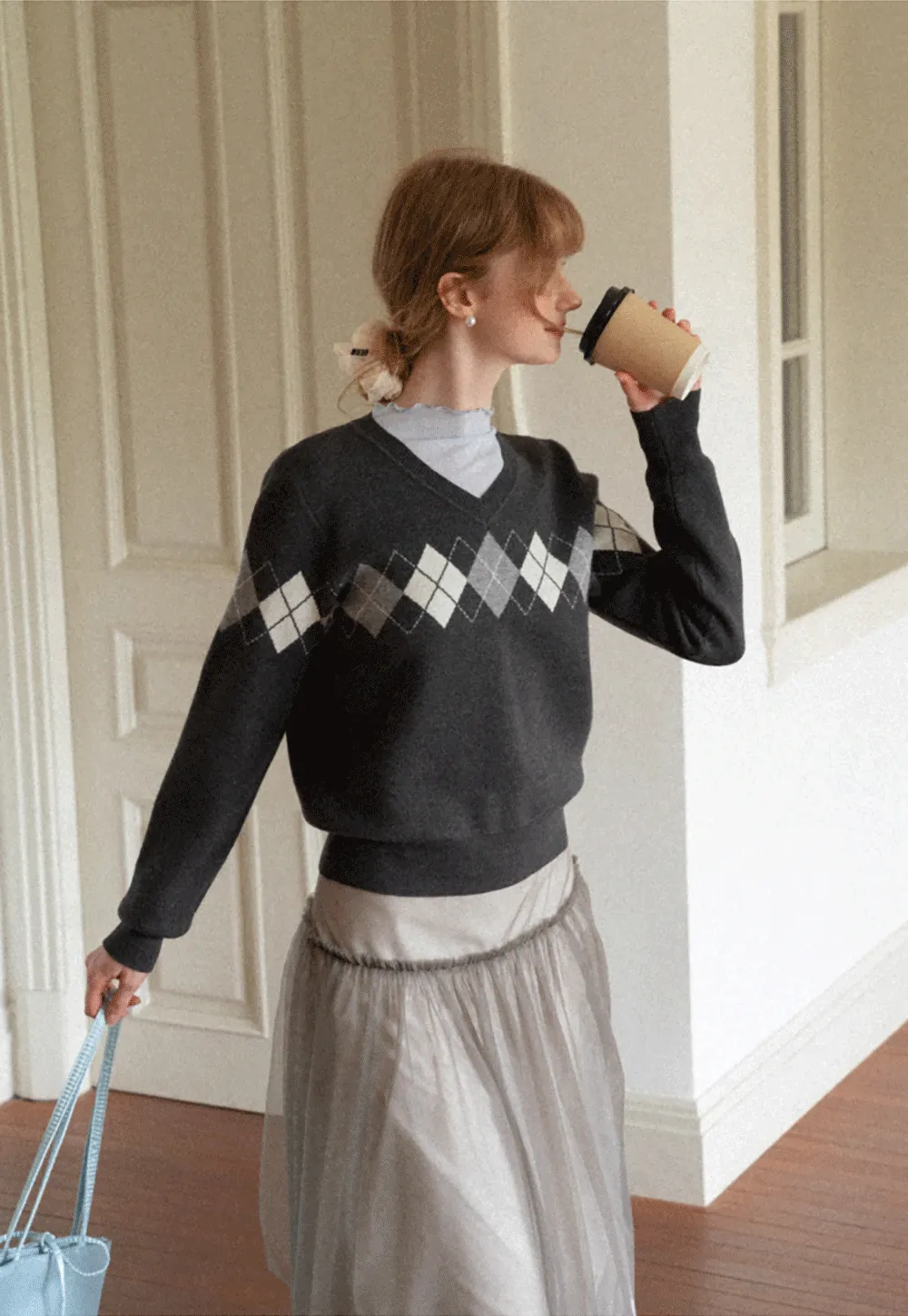 Argyle Pattern V Neck Wool Knit Sweater
