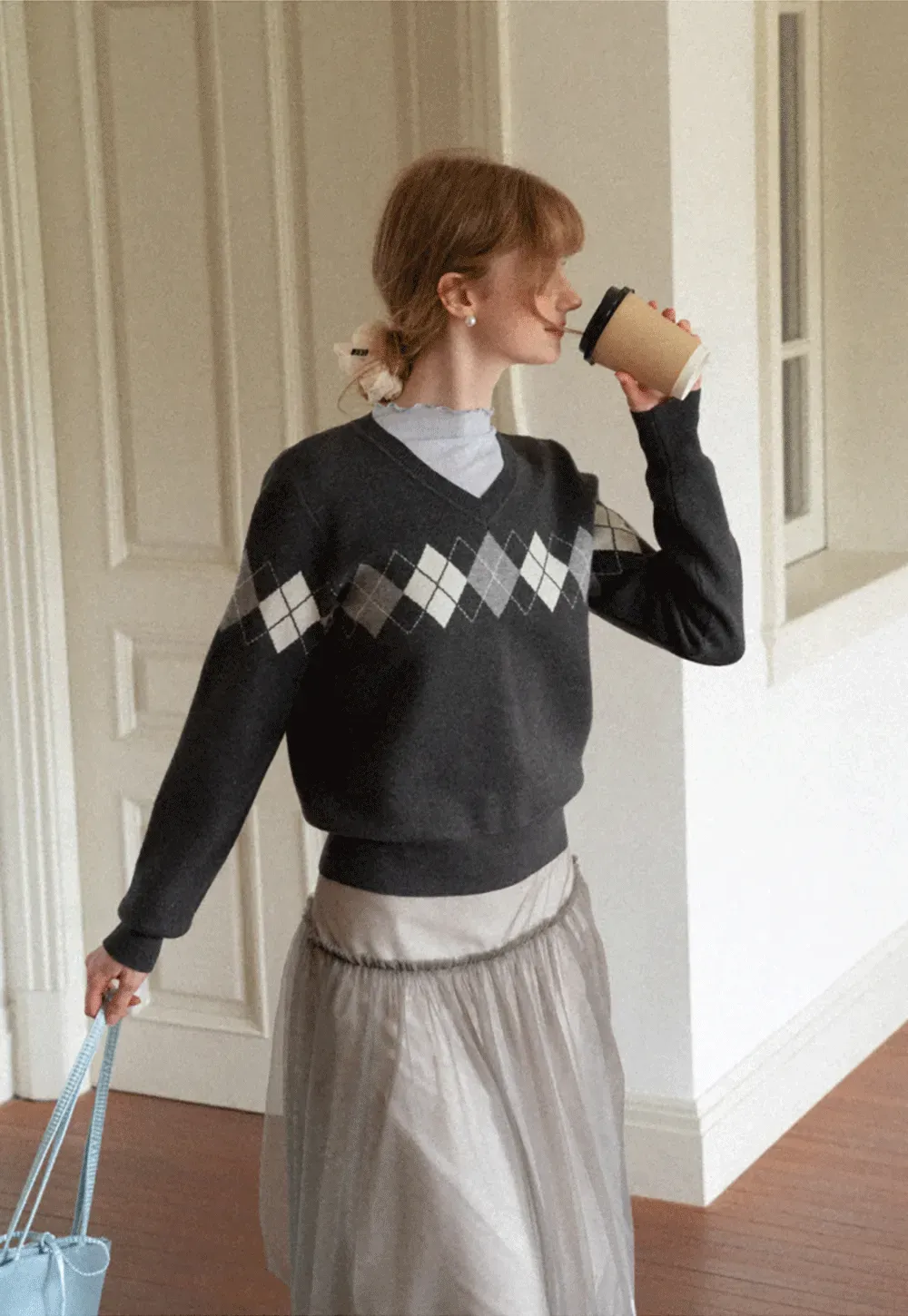 Argyle Pattern V Neck Wool Knit Sweater