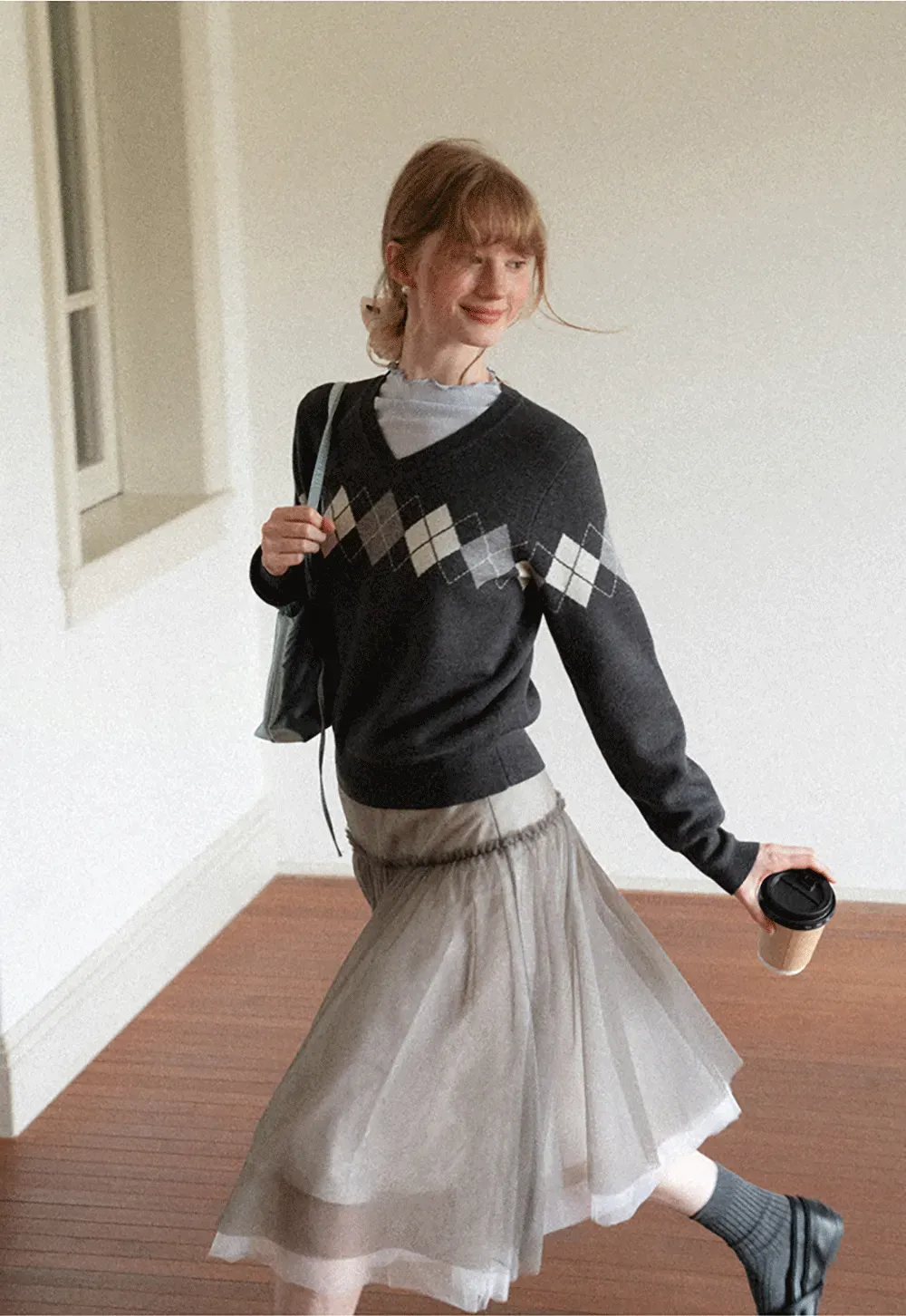 Argyle Pattern V Neck Wool Knit Sweater