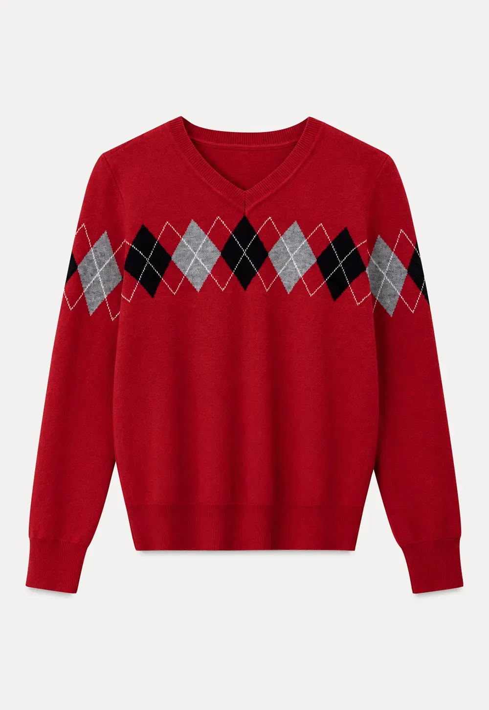 Argyle Pattern V Neck Wool Knit Sweater