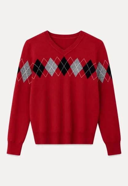 Argyle Pattern V Neck Wool Knit Sweater