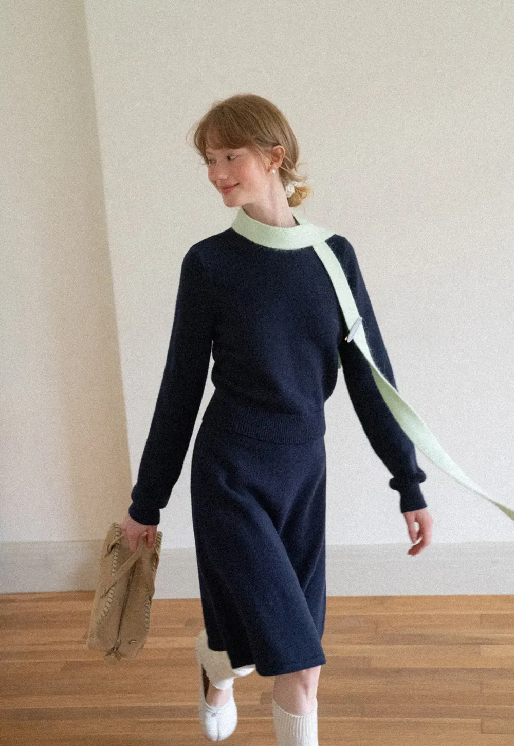 Contrast Collar Ribbed Knit Sweater and A Line Skirt