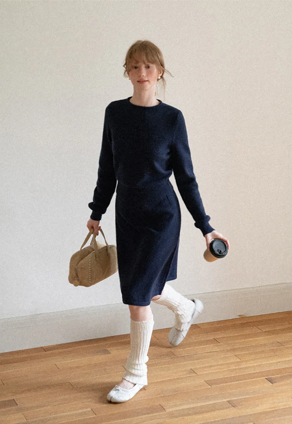 Contrast Collar Ribbed Knit Sweater and A Line Skirt