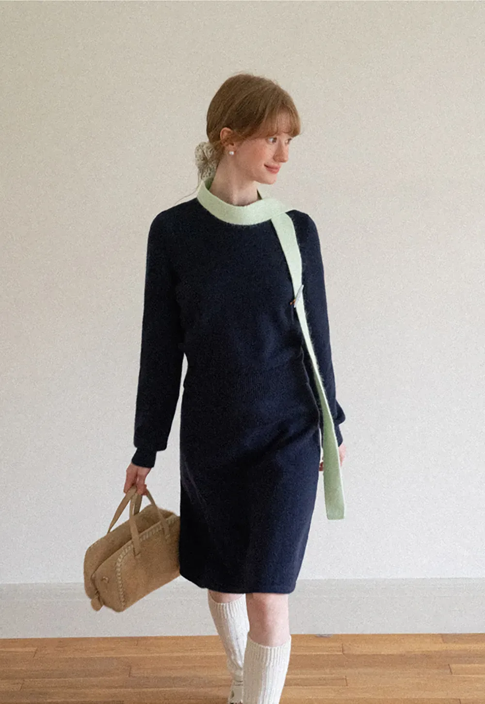 Contrast Collar Ribbed Knit Sweater and A Line Skirt