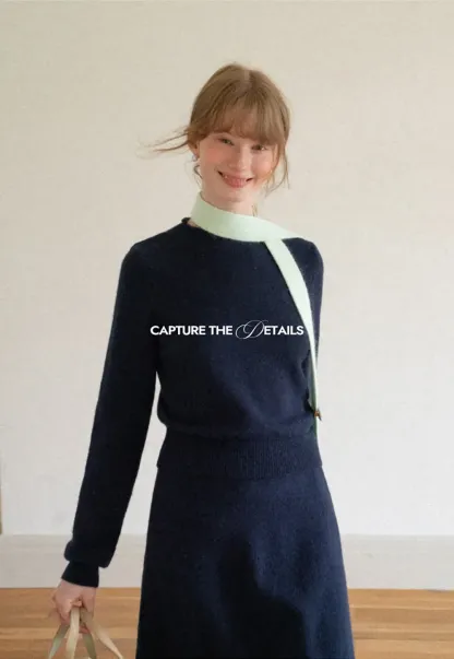Contrast Collar Ribbed Knit Sweater and A Line Skirt