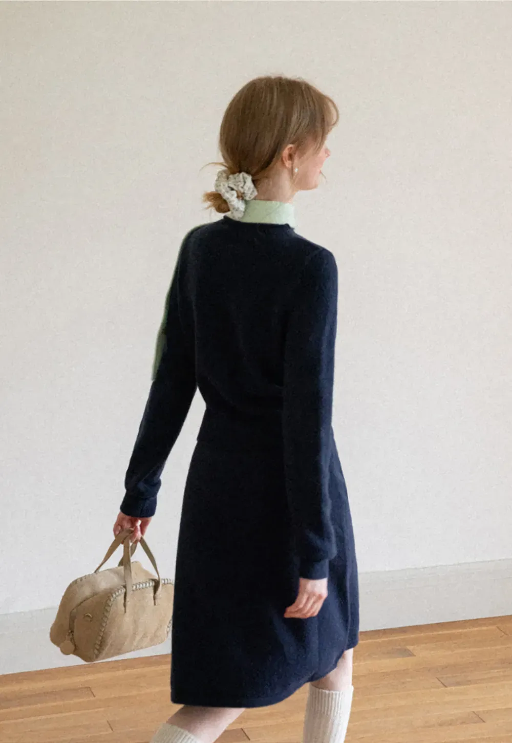 Contrast Collar Ribbed Knit Sweater and A Line Skirt