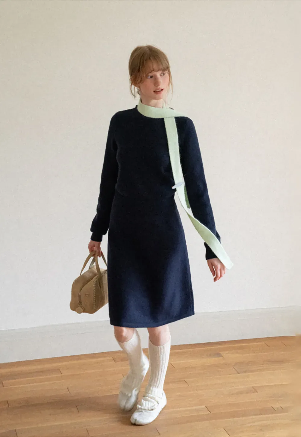 Contrast Collar Ribbed Knit Sweater and A Line Skirt