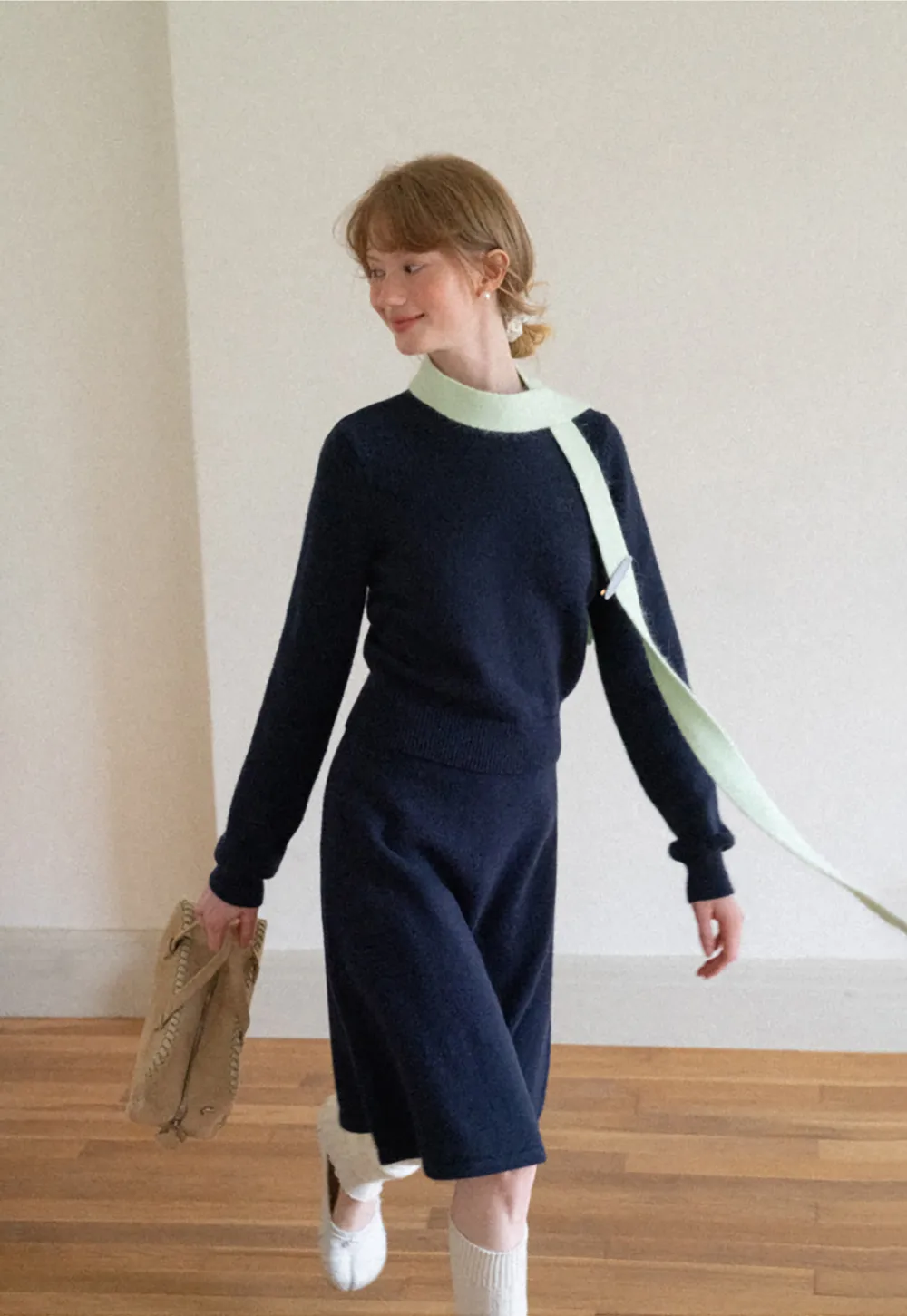 Contrast Collar Ribbed Knit Sweater and A Line Skirt