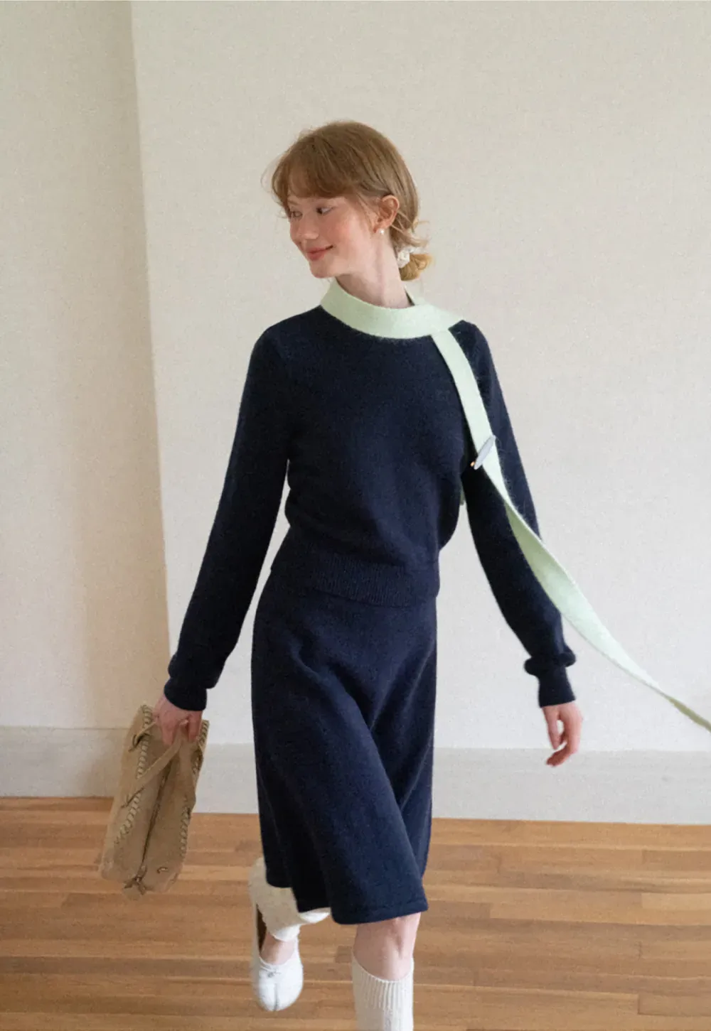 Contrast Collar Ribbed Knit Sweater and A Line Skirt