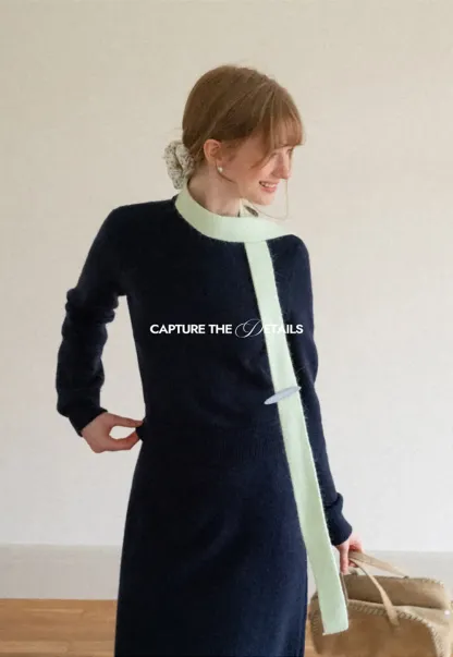 Contrast Collar Ribbed Knit Sweater and A Line Skirt