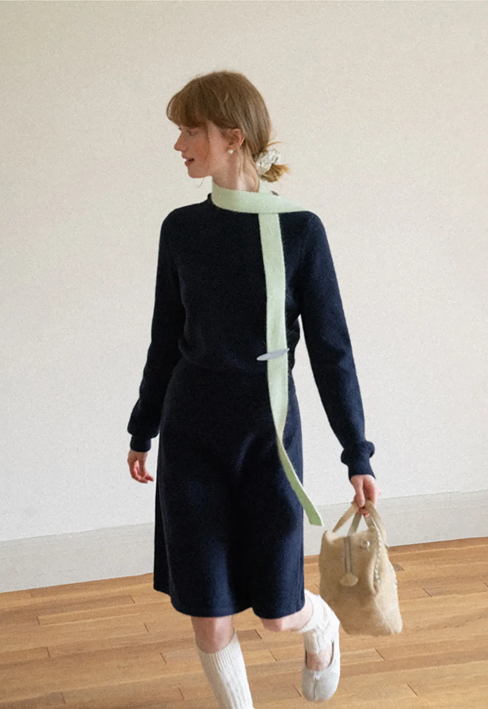 Contrast Collar Ribbed Knit Sweater and A Line Skirt