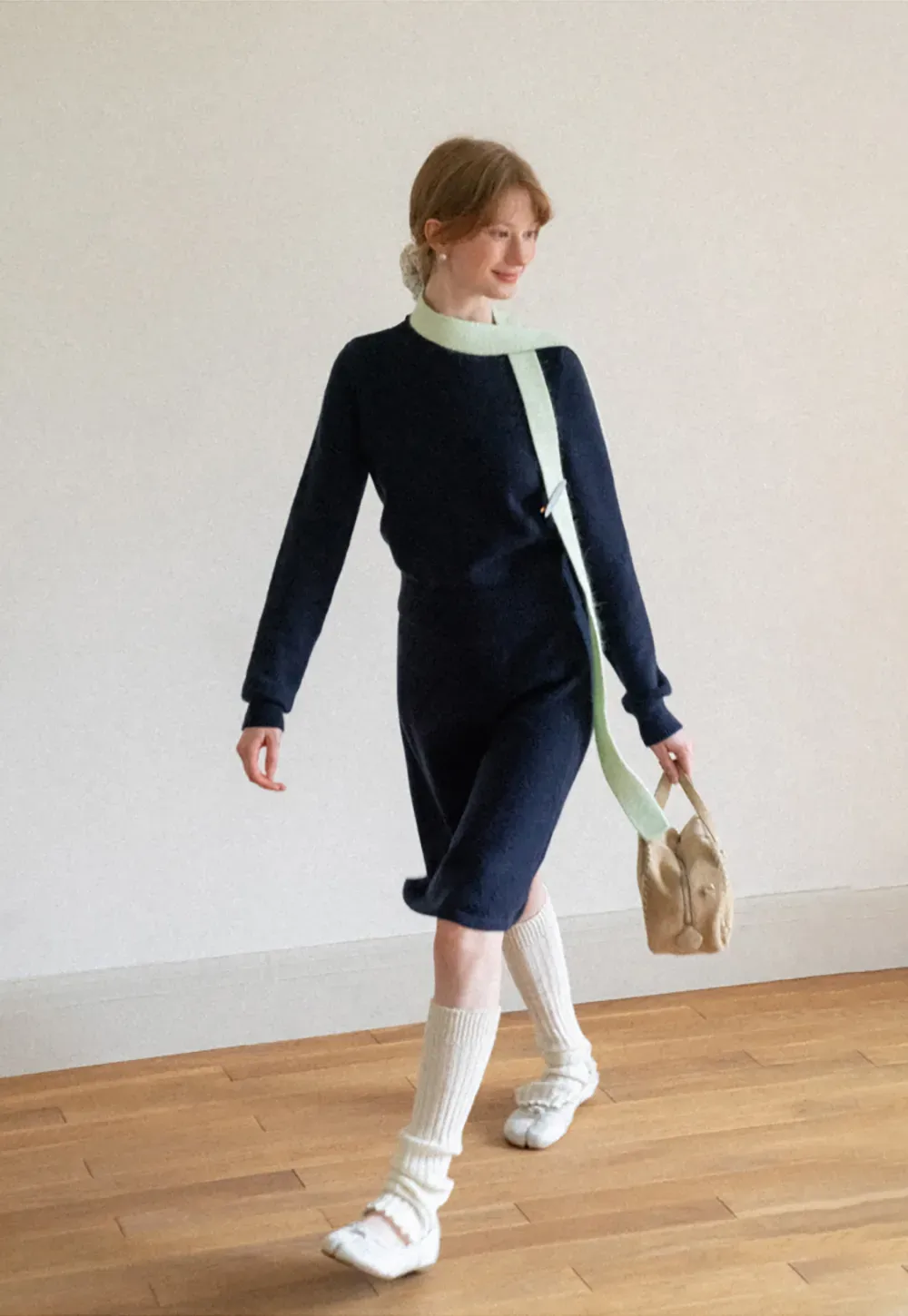 Contrast Collar Ribbed Knit Sweater and A Line Skirt