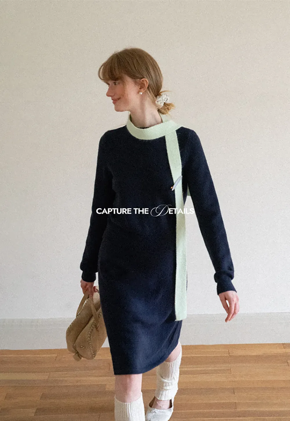 Contrast Collar Ribbed Knit Sweater and A Line Skirt