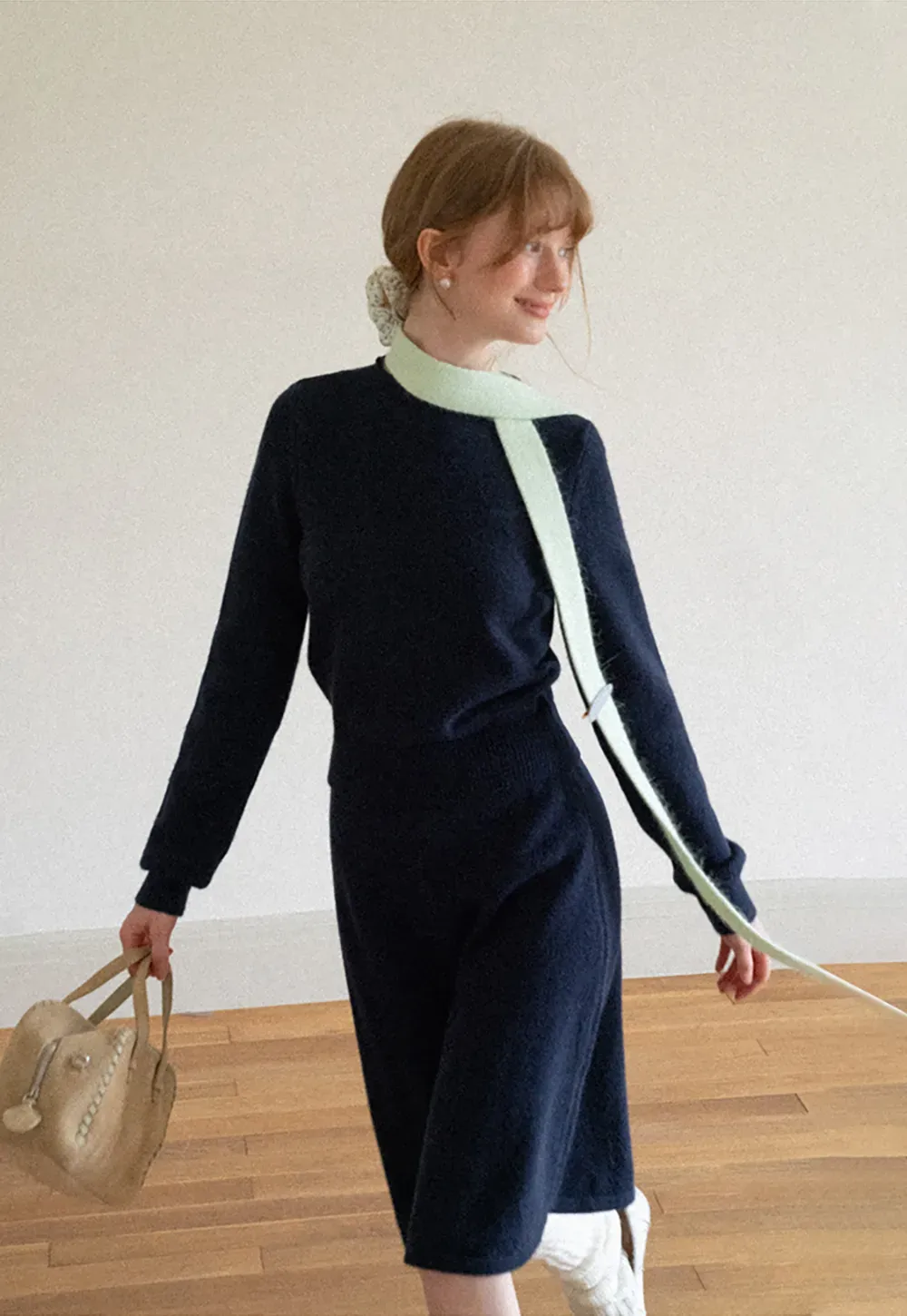 Contrast Collar Ribbed Knit Sweater and A Line Skirt
