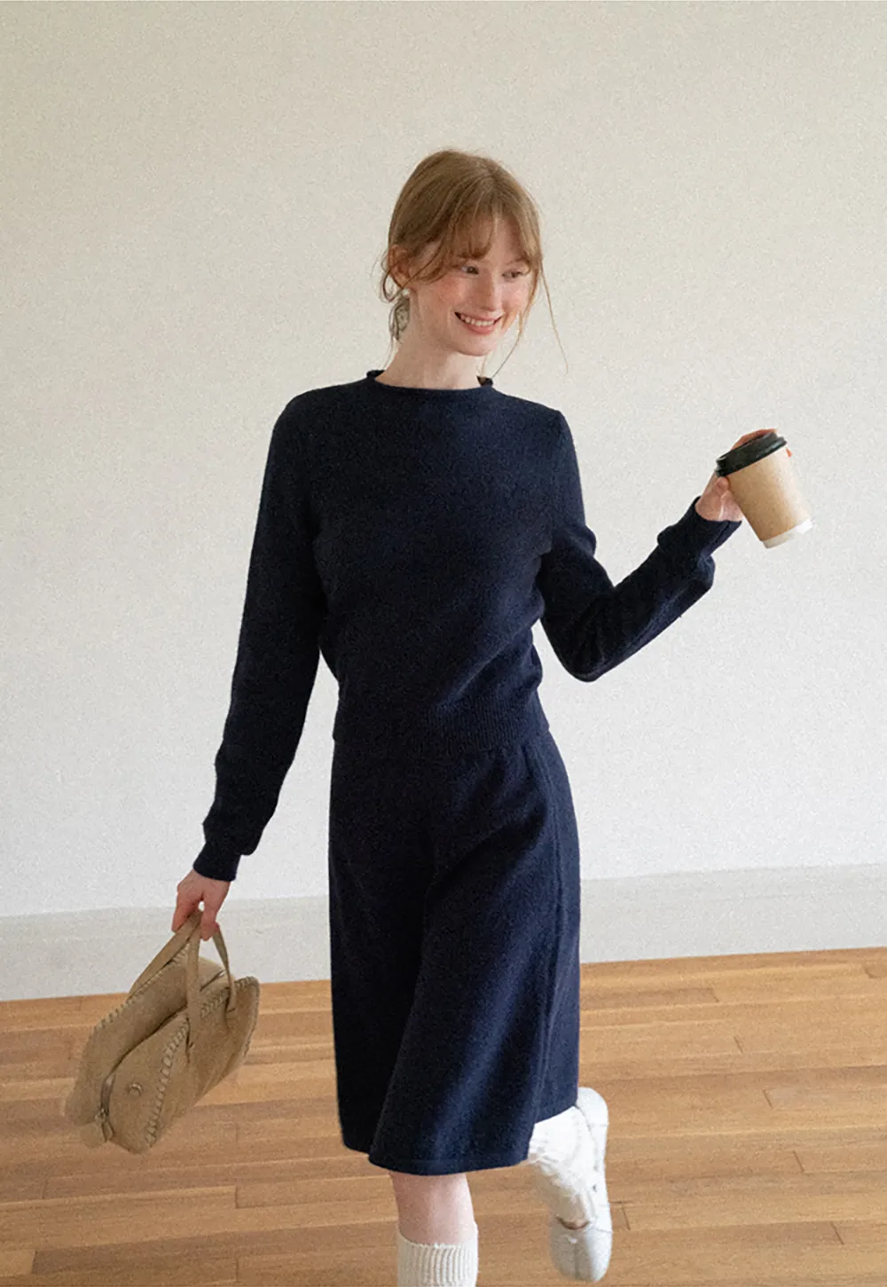 Contrast Collar Ribbed Knit Sweater and A Line Skirt