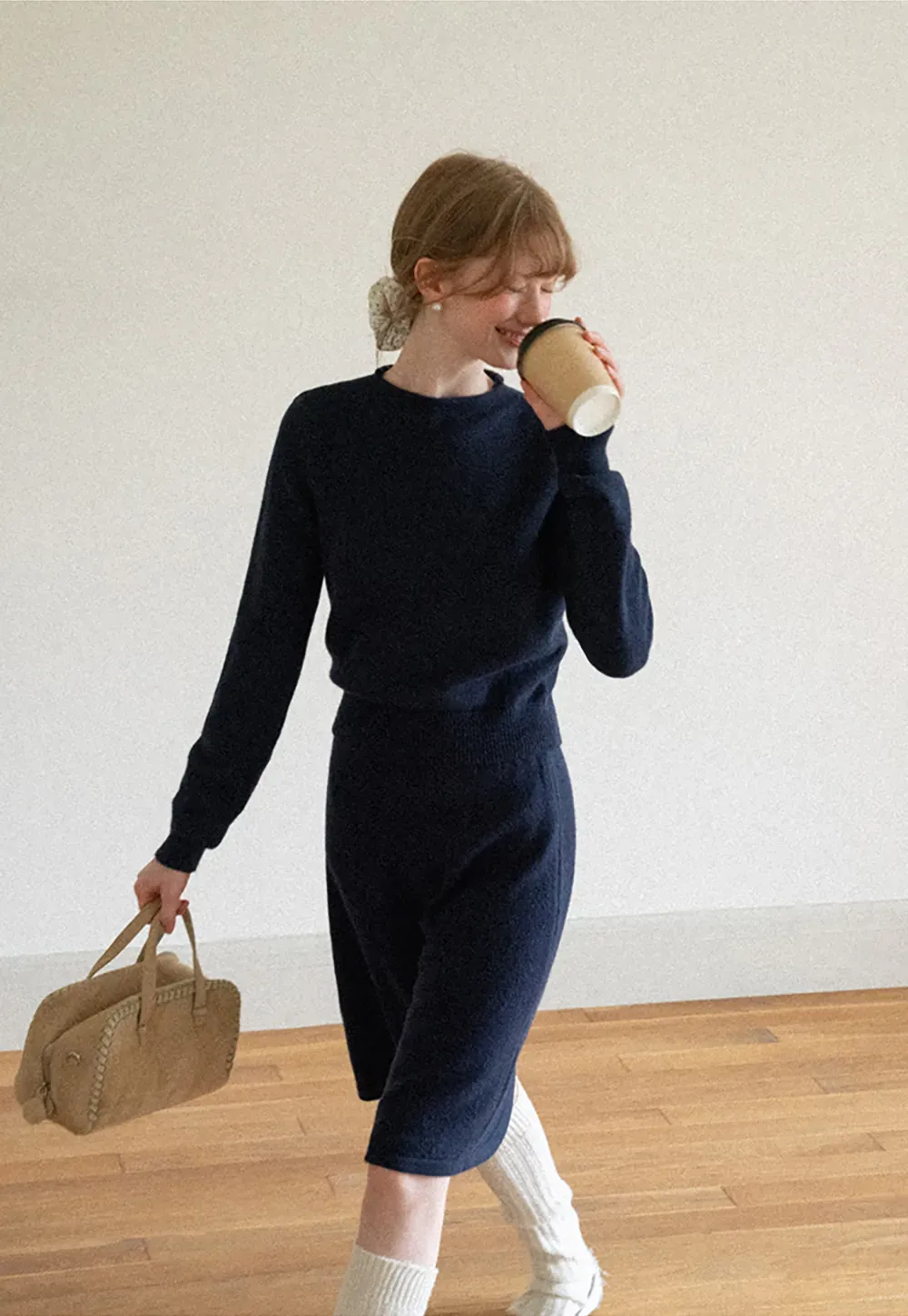 Contrast Collar Ribbed Knit Sweater and A Line Skirt
