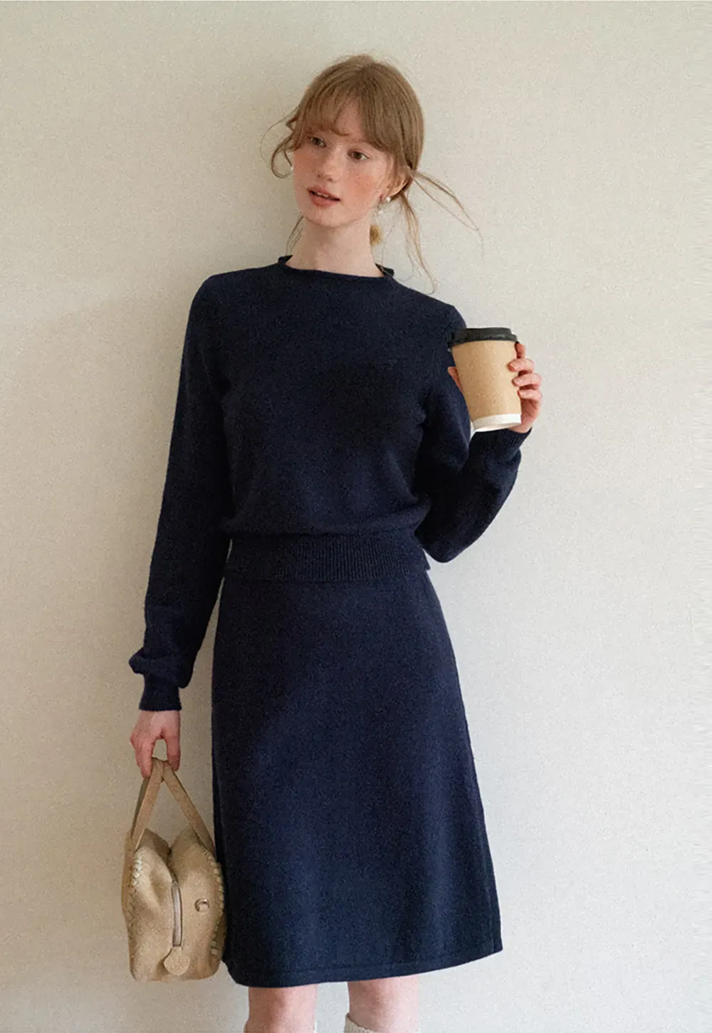 Contrast Collar Ribbed Knit Sweater and A Line Skirt