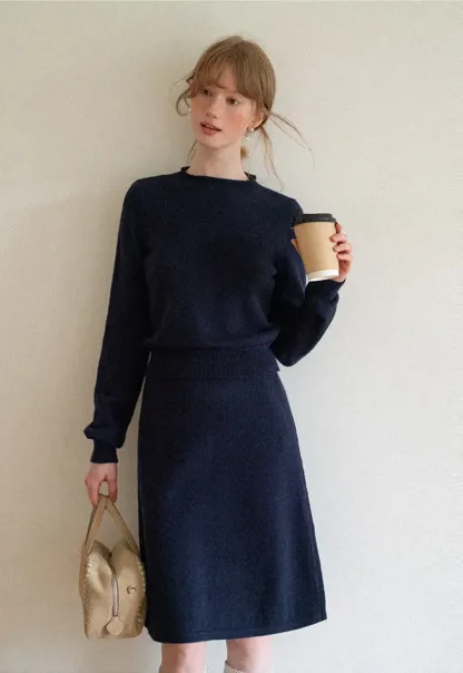Contrast Collar Ribbed Knit Sweater and A Line Skirt