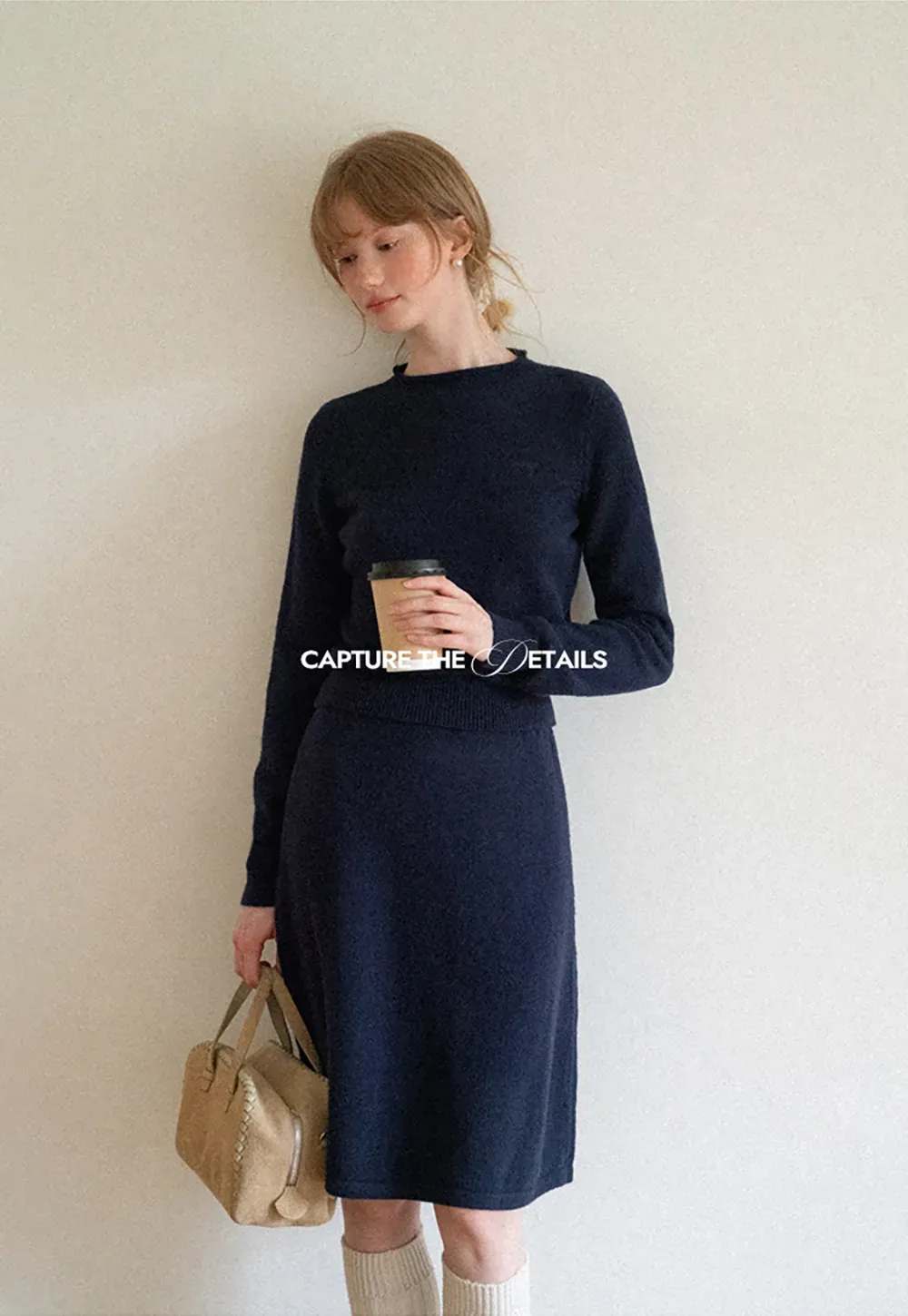 Contrast Collar Ribbed Knit Sweater and A Line Skirt