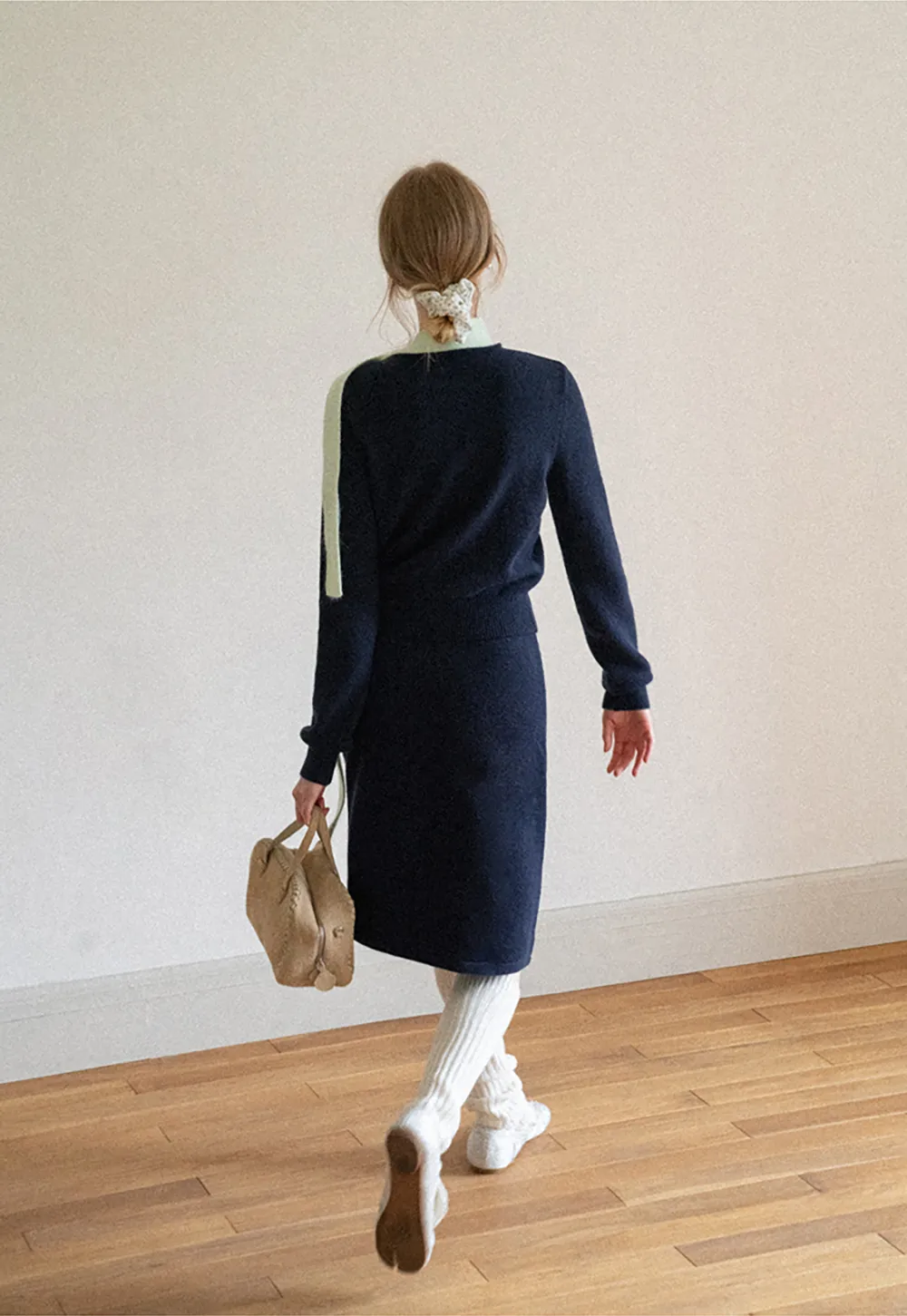 Contrast Collar Ribbed Knit Sweater and A Line Skirt