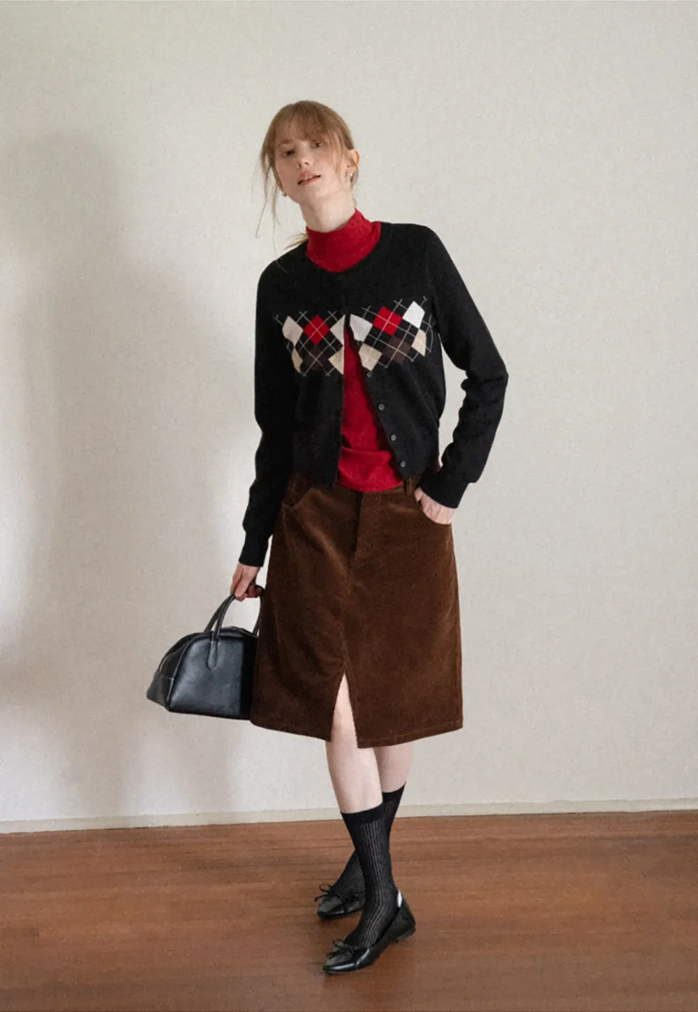 Argyle Pattern Cable Knit Cardigan