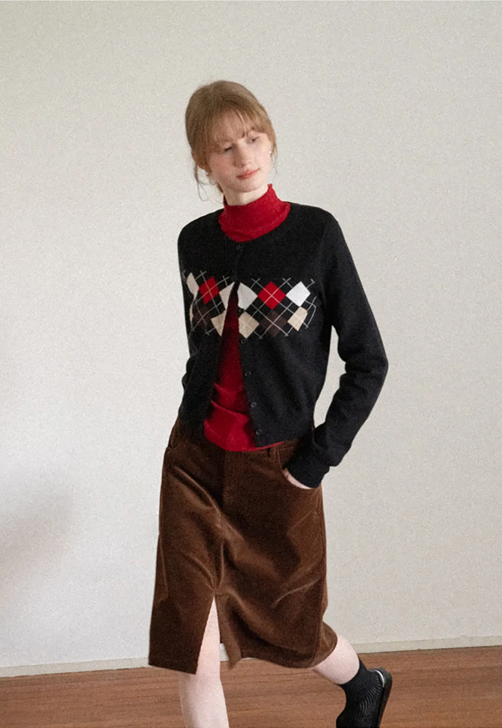Argyle Pattern Cable Knit Cardigan