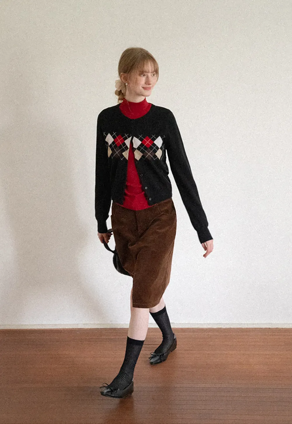 Argyle Pattern Cable Knit Cardigan