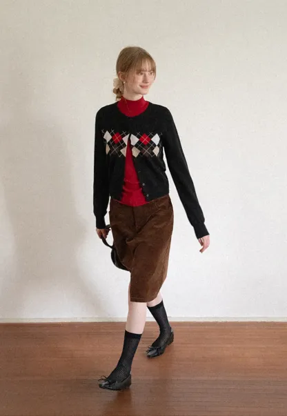 Argyle Pattern Cable Knit Cardigan